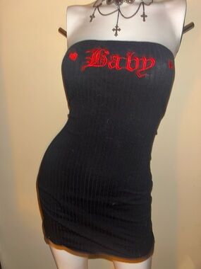 Dolls Kill Black Strapless 'Baby' Mini Dress with Red Embroidery